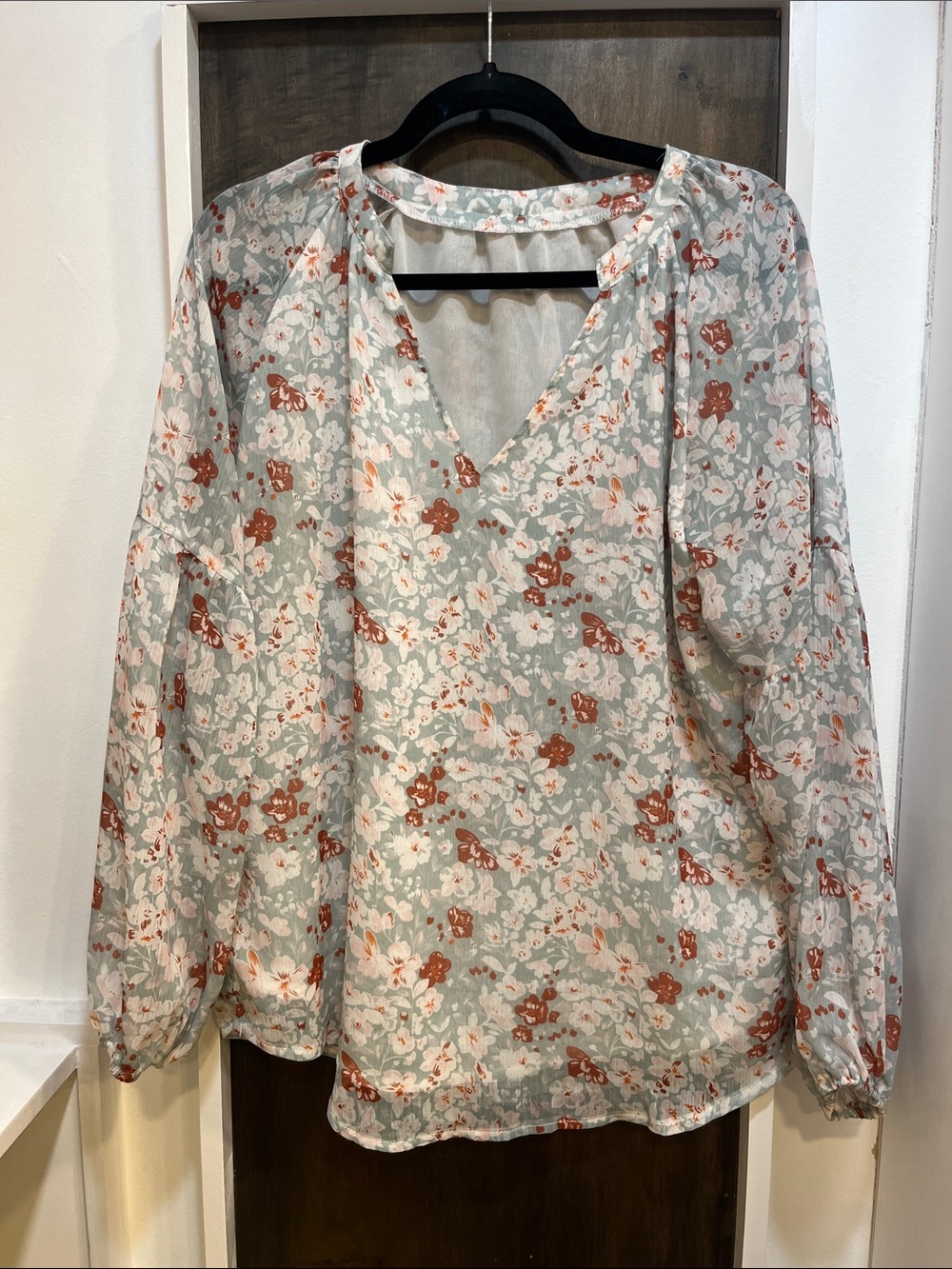 Floral V-Neck Women's Blouse - Sage Green & Rust